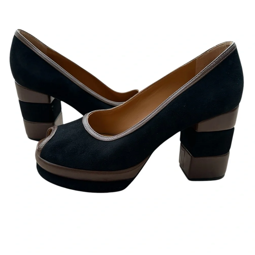 Tory Burch 70s Peep-Toe Leather & Suede Platform Pumps Women’s Size 8.5